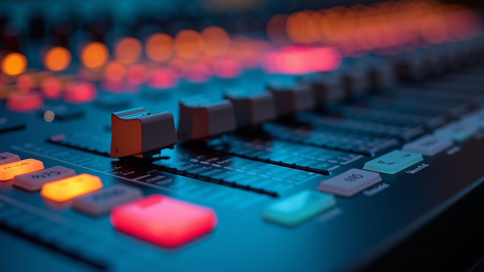 Close-up view of a mixing board with colorful sound levels