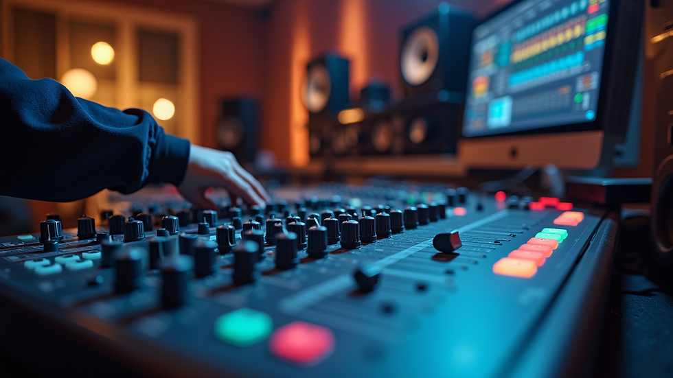 Close-up view of a sound engineer mixing audio on a digital console