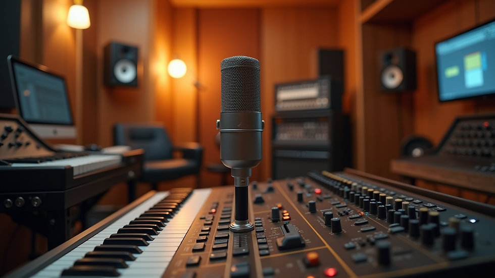 Eye-level view of a cozy recording studio with mixing equipment and a microphone