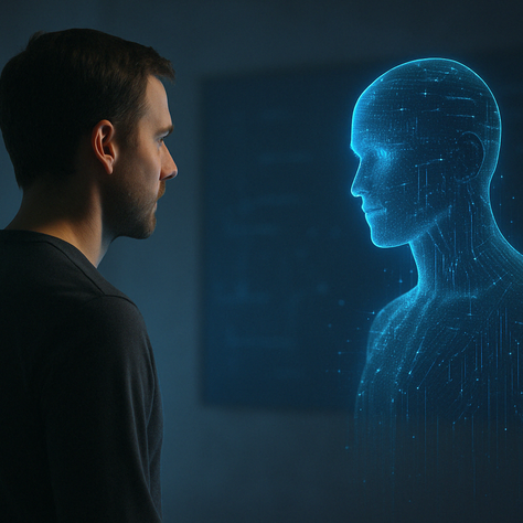 un humain debout, face à une silhouette numérique ou une interface floue, en tension douce ou curieuse.