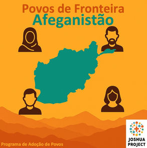 Ilustração minimalista: mapa turquesa do Afeganistão ao centro, fundo laranja em degradê com montanhas em silhueta e quatro ícones marrom de pessoas espalhados ao redor.