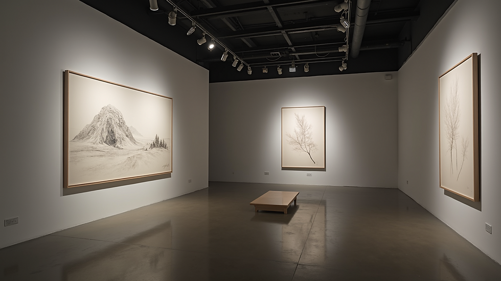 Eye-level view of a gallery showcasing light drawings and photograms