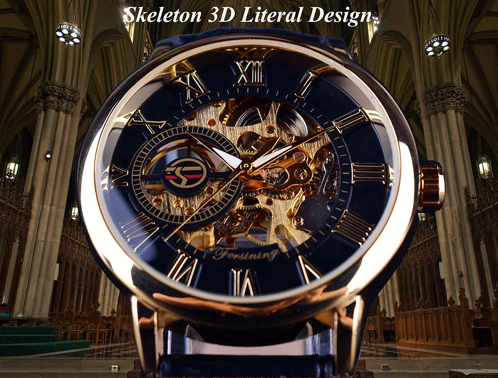 Thumbnail: Forsining 3d Logo Design Hollow Engraving Black Gold Case Leather Skeleton