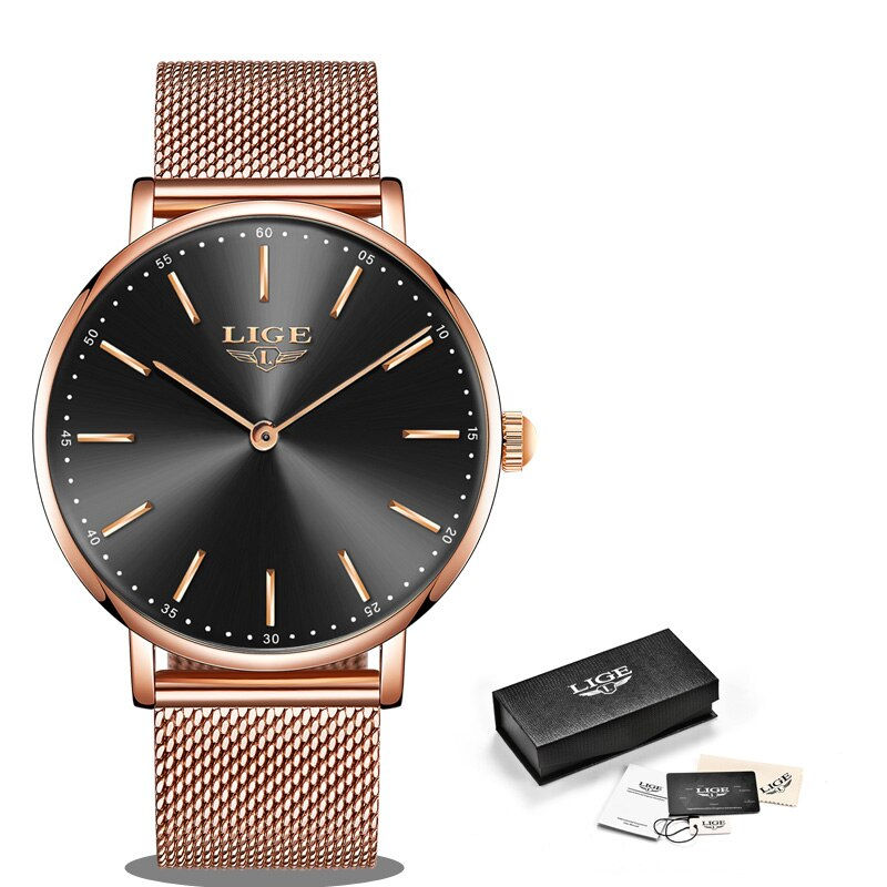 थंबनेल: LIGE Ultra thin Luxury Rose Gold Mesh Stainless Steel Watches Women Minimalist