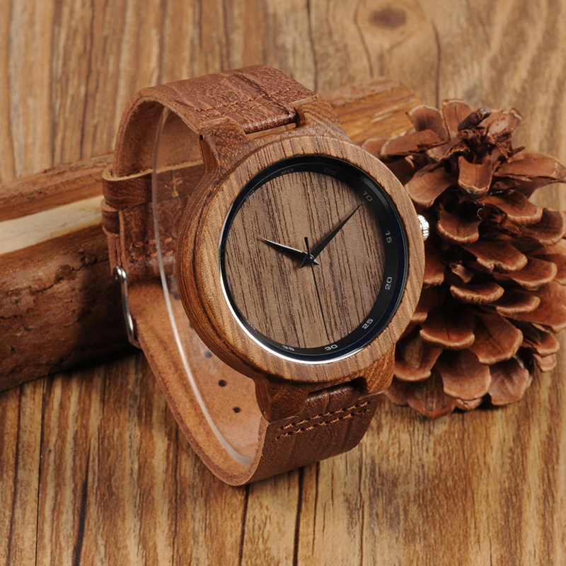 Thumbnail: BOBO BIRD WD22 Zebra Wood Watch Men Grain Leather Band Scale Circle Brand
