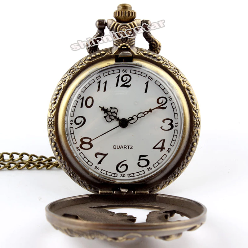 Thumbnail: Retro Bronze Wolf Hollow Design Quartz Pocket Watch Mens Women Necklace Pendant 
