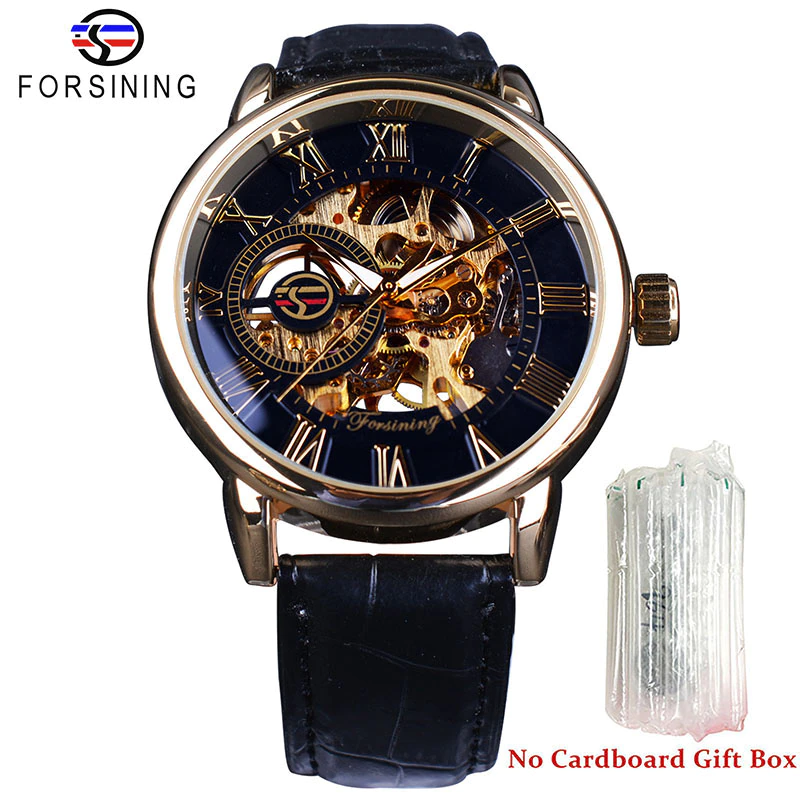 Thumbnail: Forsining 3d Logo Design Hollow Engraving Black Gold Case Leather Skeleton