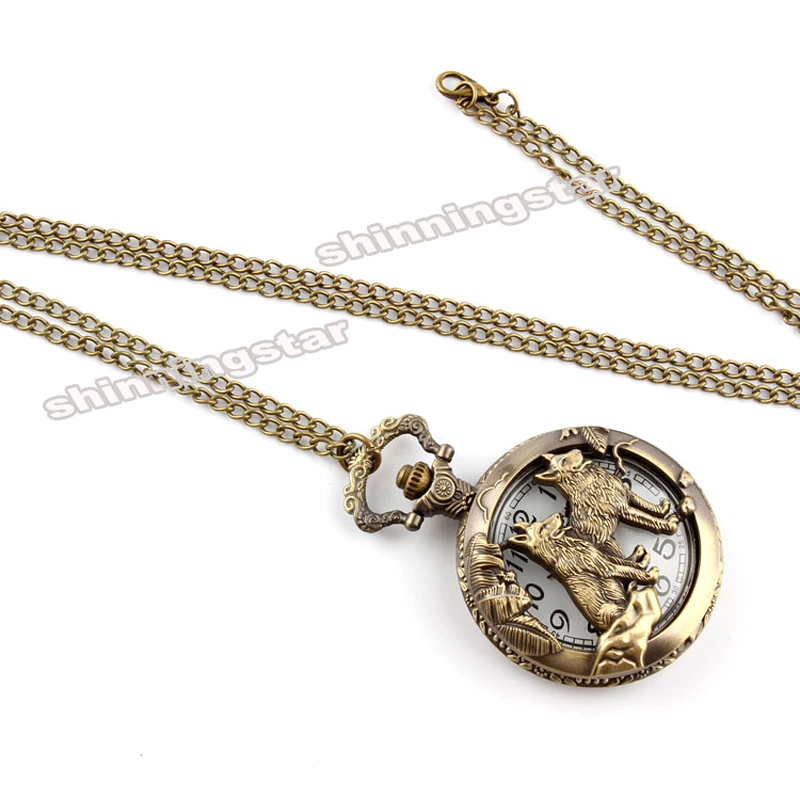 Thumbnail: Retro Bronze Wolf Hollow Design Quartz Pocket Watch Mens Women Necklace Pendant 