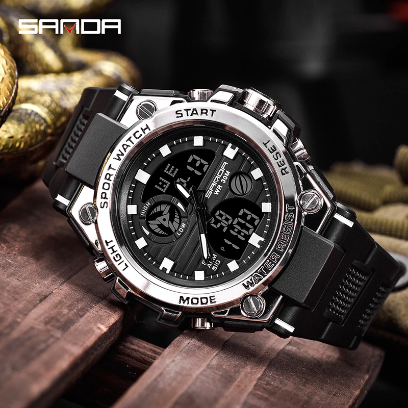 الصورة المصغرة: SANDA Men's Watches Black Sports Watch LED Digital 3ATM Waterproof Military