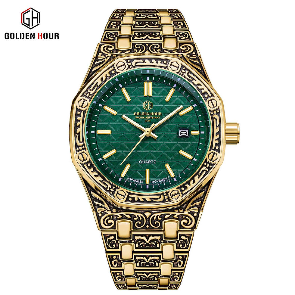थंबनेल: GOLDENHOUR Gold Watch for Men Quartz Wristwatches Engraved Retro Watches Mens