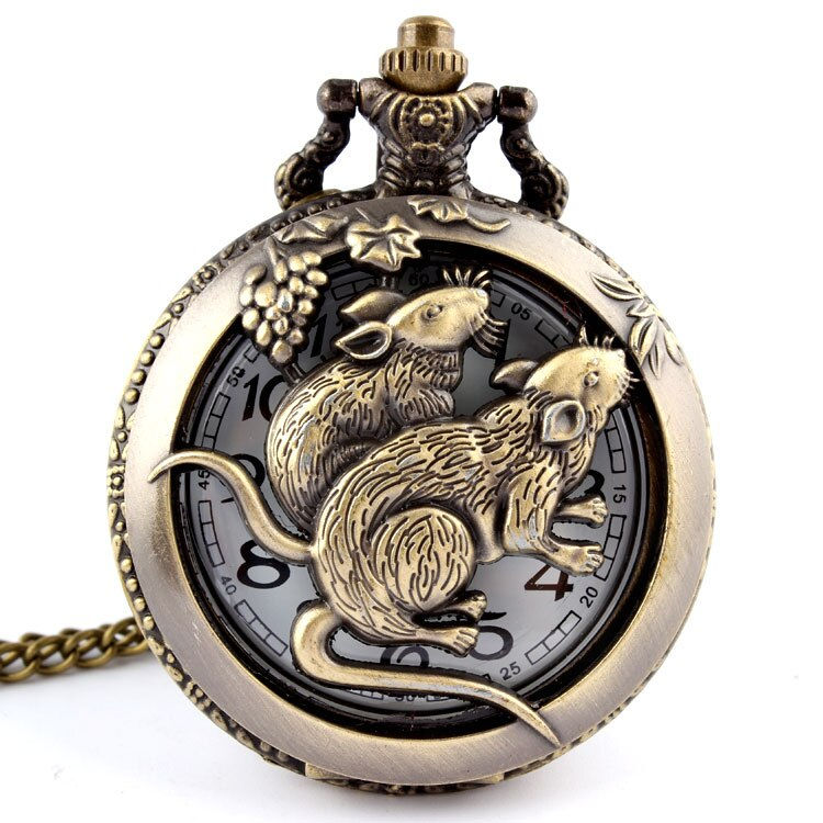 Thumbnail: Retro Bronze Wolf Hollow Design Quartz Pocket Watch Mens Women Necklace Pendant 