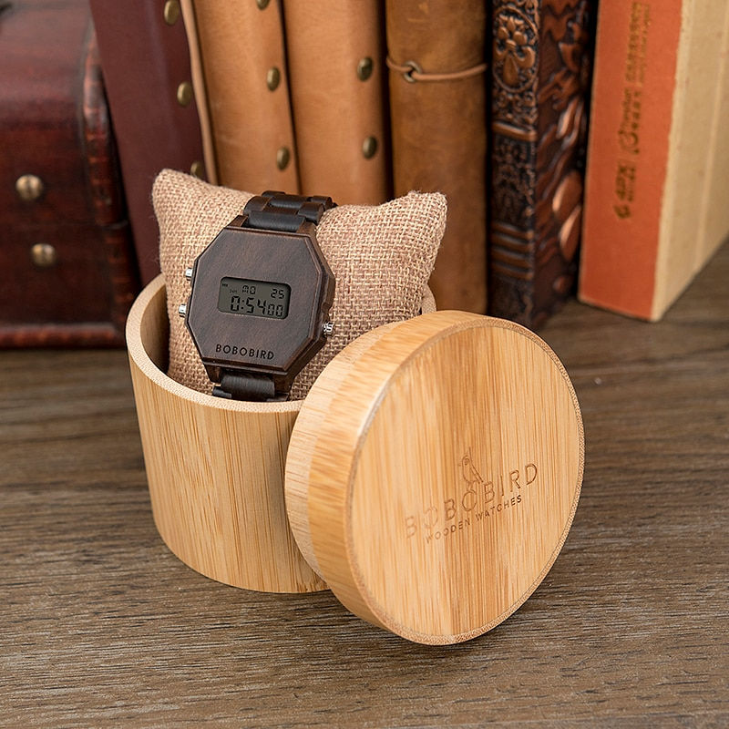 Thumbnail: BOBO BIRD Designe Digital Wristswatch Men Night Vision Bamboo Watch Male LCD