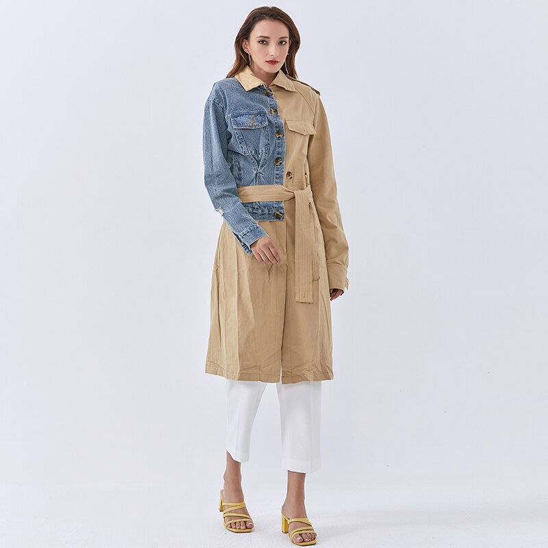 Thumbnail: TWOTWINSTYLE Patchwork Denim For Female Windbreaker Jacket Long Sleeve Lapel