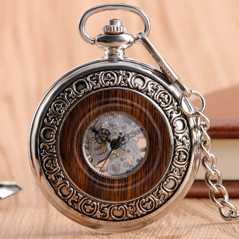 Miniature : Vintage Wood Mechanical Pocket Watch Roman Numerals Creative Carving Flower Dial