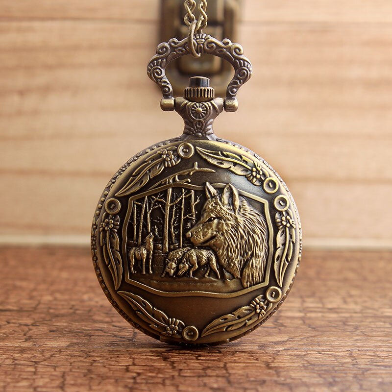 Миниатюра: Retro Bronze Wolf Hollow Design Quartz Pocket Watch Mens Women Necklace Pendant 