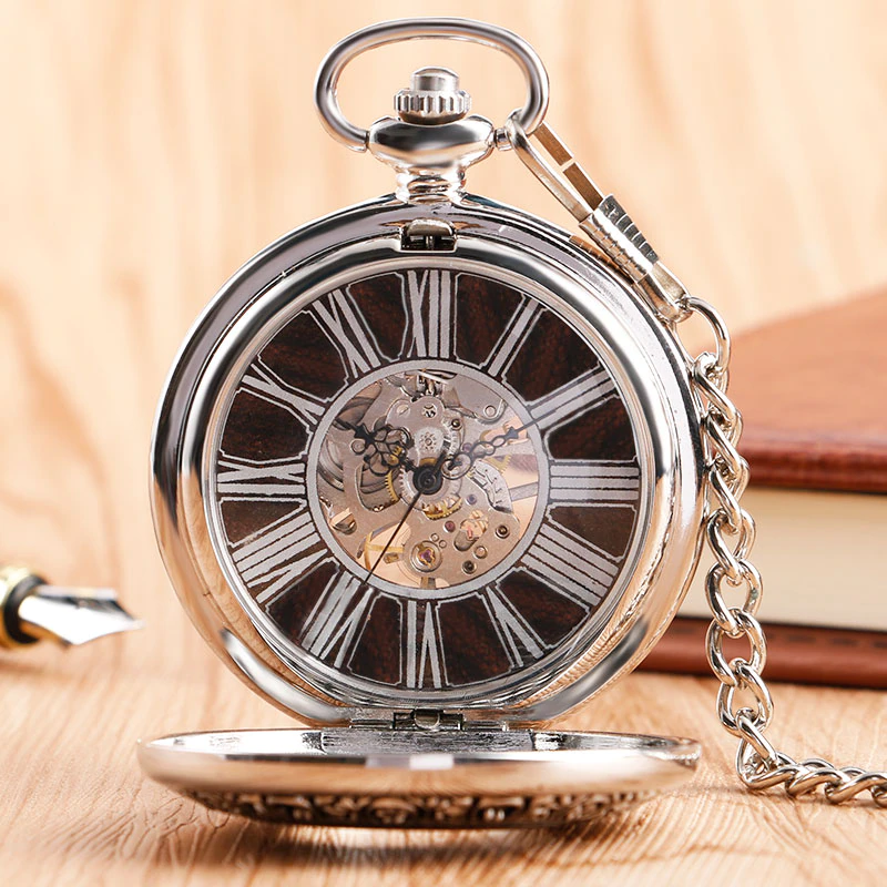 الصورة المصغرة: Vintage Wood Mechanical Pocket Watch Roman Numerals Creative Carving Flower Dial