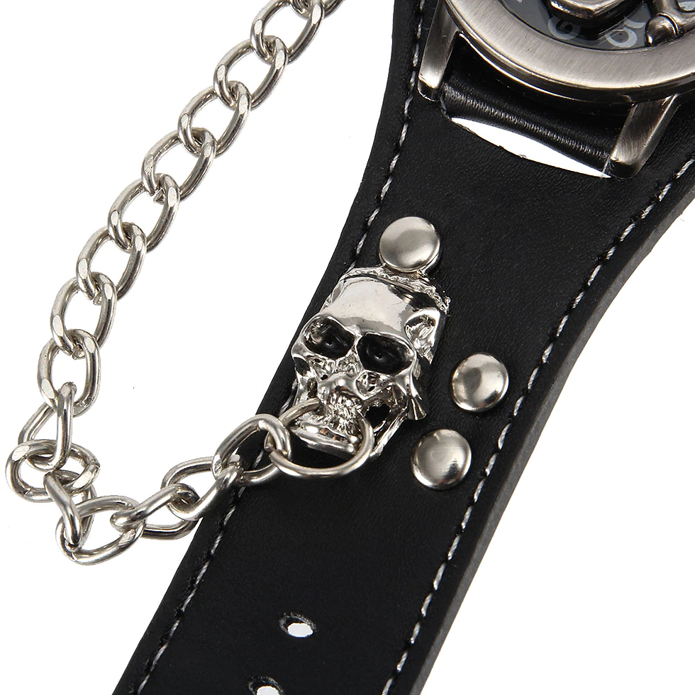 الصورة المصغرة: Men Punk Style Quartz Wrist Watch with Flip Skull Cover Chain Rivet Strap Cool