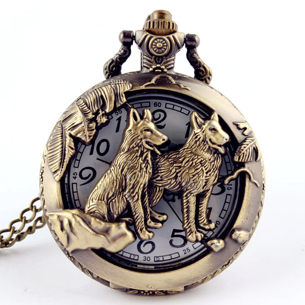 Retro Bronze Wolf Hollow Design Quartz Pocket Watch Mens Women Necklace Pendant 