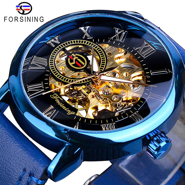 Thumbnail: Forsining 3d Logo Design Hollow Engraving Black Gold Case Leather Skeleton