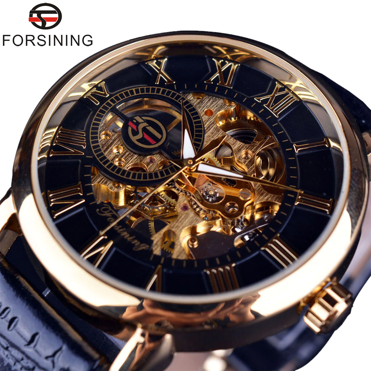 Forsining 3d Logo Design Hollow Engraving Black Gold Case Leather Skeleton