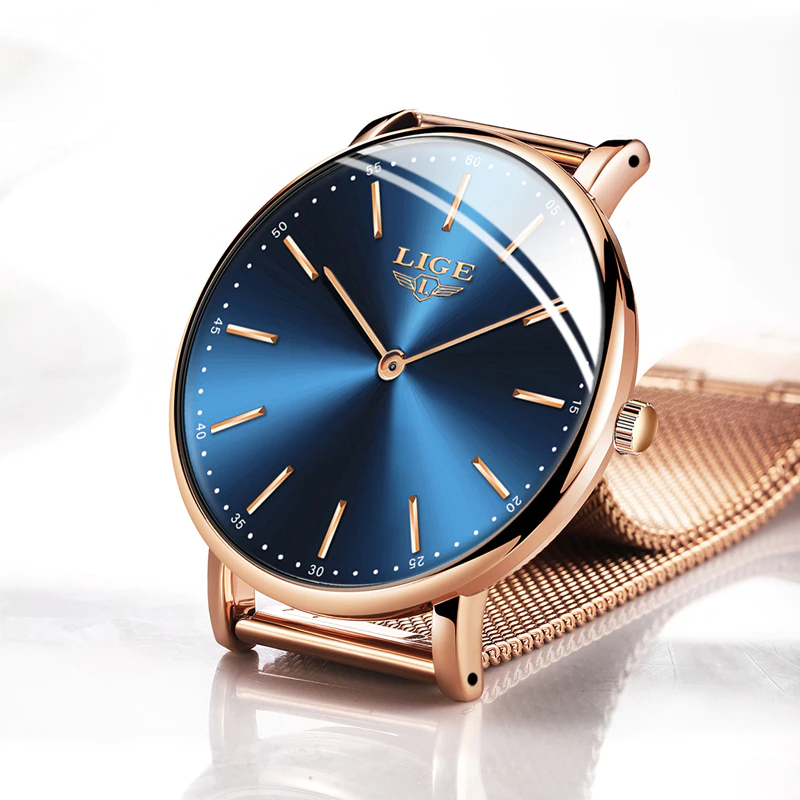 Thumbnail: LIGE Ultra thin Luxury Rose Gold Mesh Stainless Steel Watches Women Minimalist