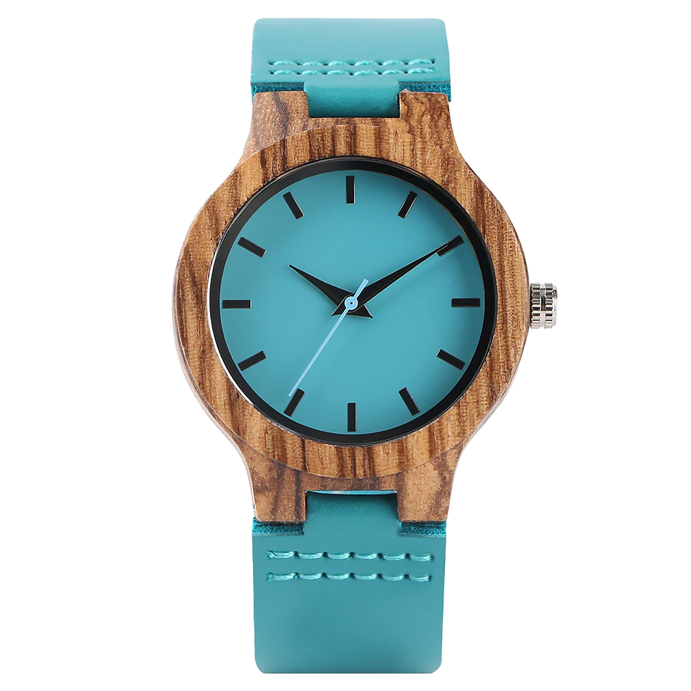 Thumbnail: Unique Design Lady Wrist Watch Wooden Blue Color Genuine Leather Band Women