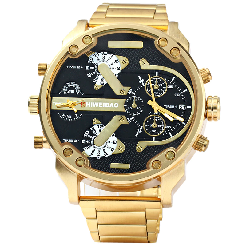 Miniatura: Big Watch Men Luxury Golden Steel Watchband Men's Quartz Watches Dual Time Zone 