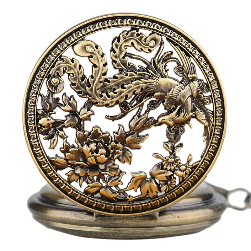Thumbnail: Vintage Exquisite Carving Phoenix Automatic Mechanical Pocket Watch Chain Women 