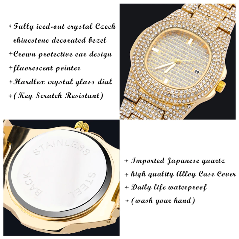 Thumbnail: TOPGRILLZ Brand Iced Out Diamond Watch Quartz Gold HIP HOP Watches With
