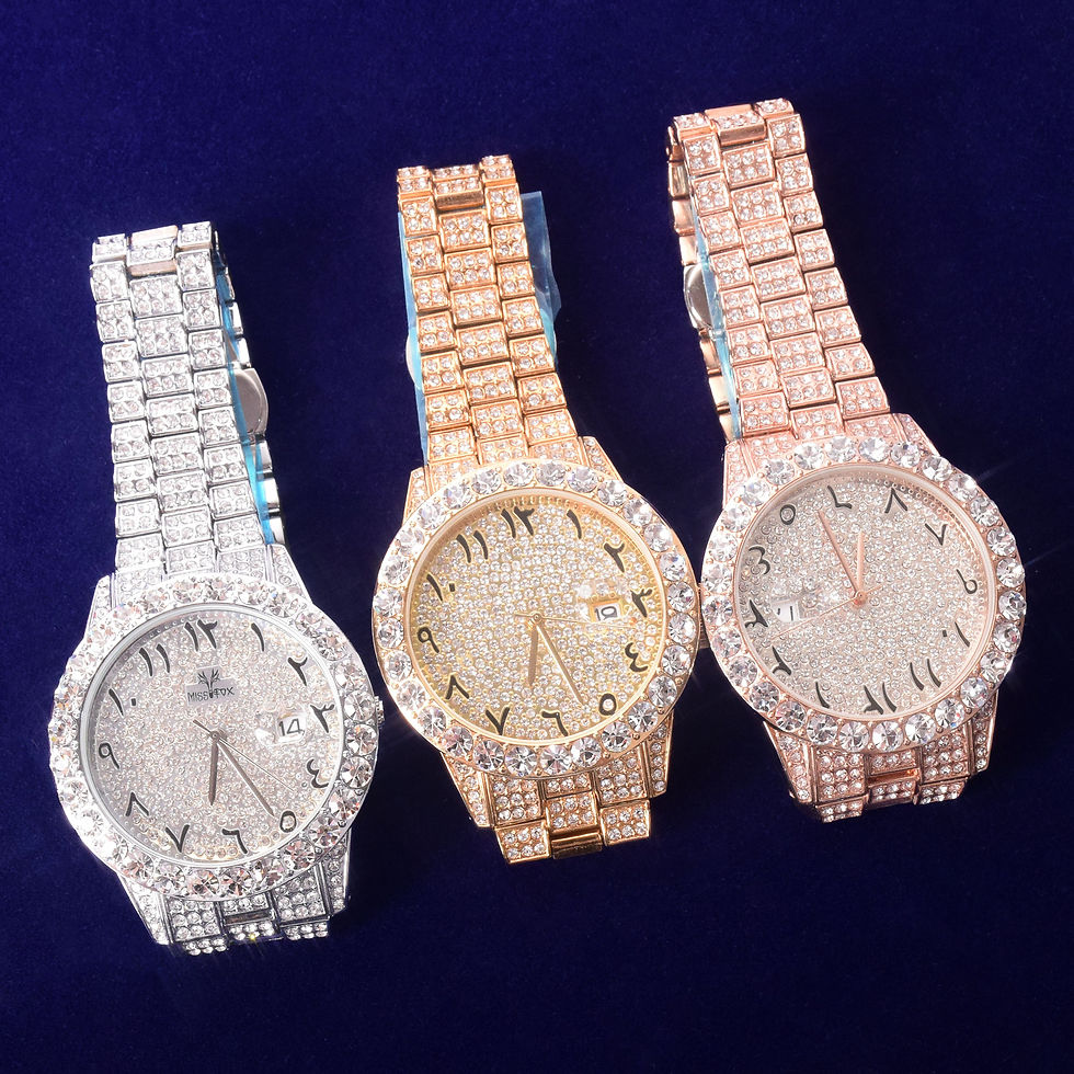 Thumbnail: Bubble Letter Watch Ice Big Dial Military Quartz Day Date Luxury Rhinestone