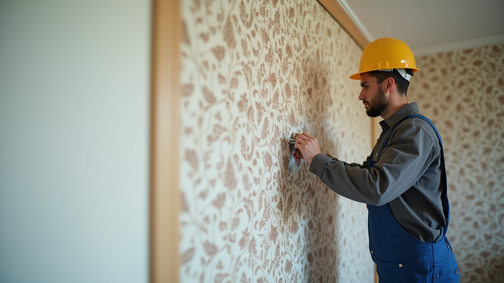 Eye-level view of a professional installing patterned wallpaper on a living room wall