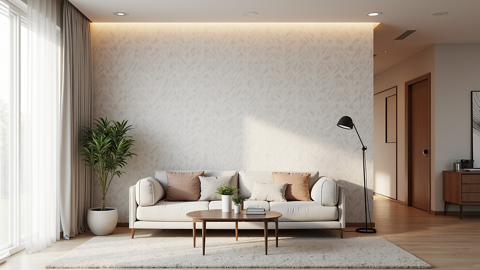 High angle view of a beautifully wallpapered accent wall in a modern living room