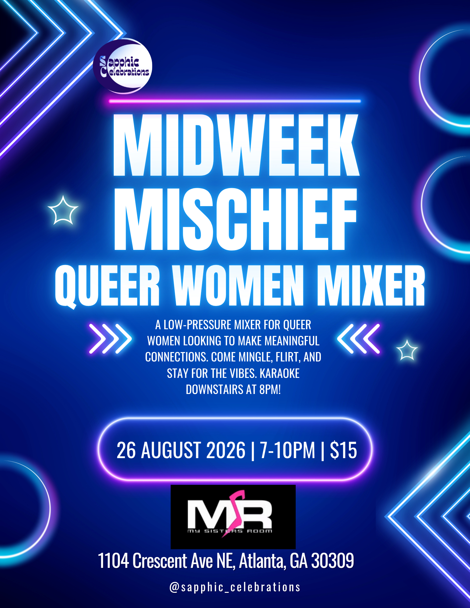Midweek Mischief Sapphic Social event graphic.
