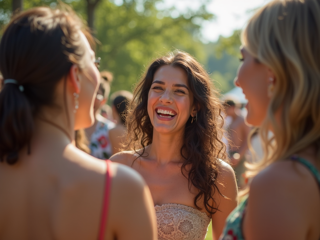 Joyful queer women connecting and celebrating together at a vibrant outdoor summer mixer.