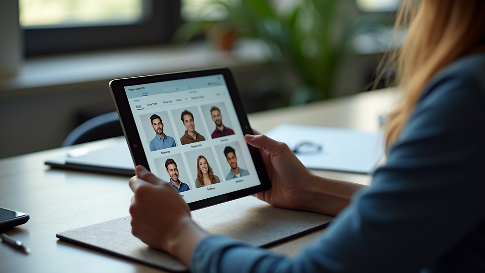 High angle view of a professional workspace with a digital tablet displaying AI headshot options