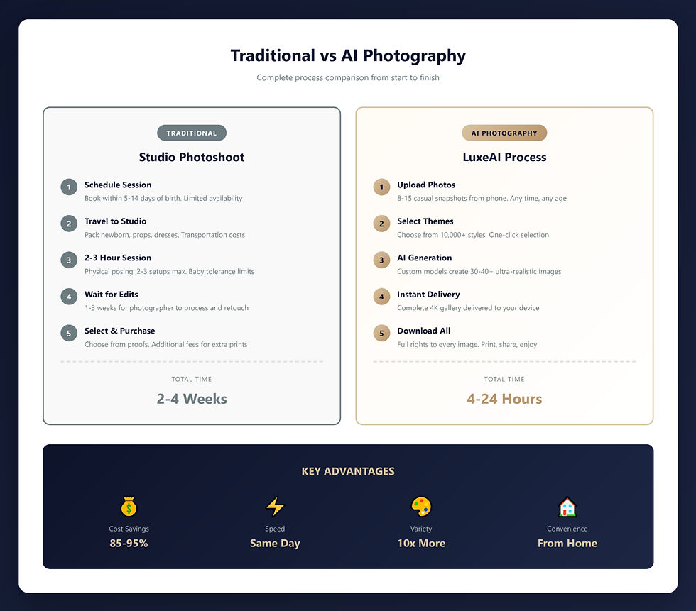 Infographic showing the step-by-step process of a newborn photoshoot in both traditional and LuxeAI photography