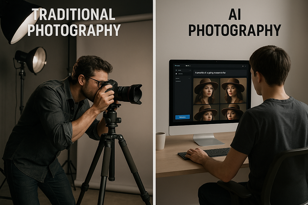 Side-by-side comparison of traditional photography studio versus AI photography workflow