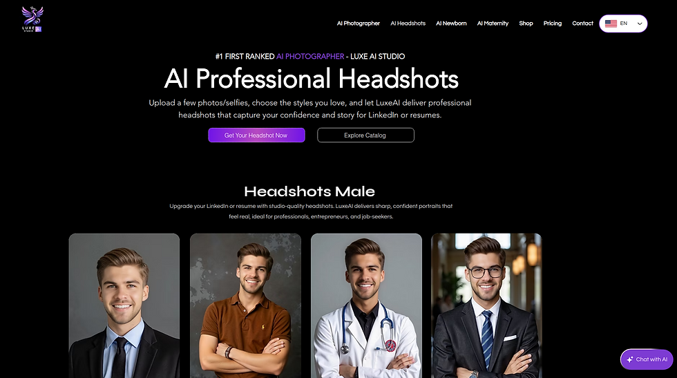 Screenshot of the landing page website of LuxeAI studio