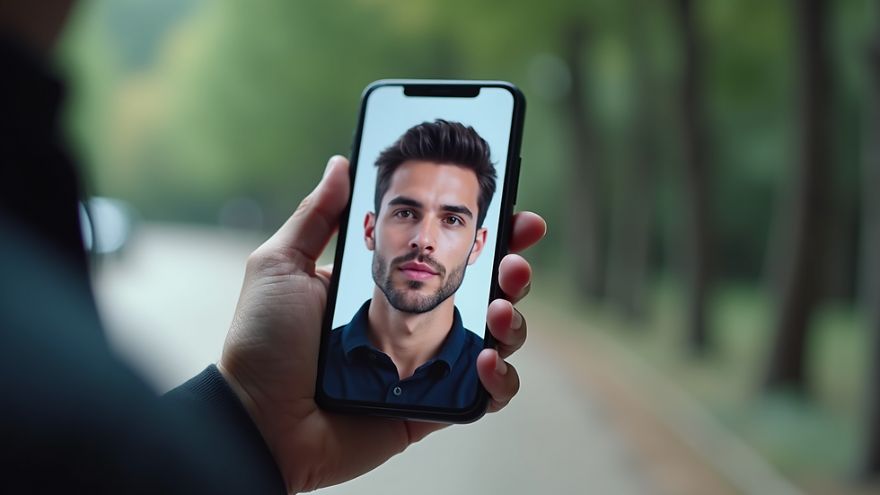 Close-up view of a smartphone screen showing an AI headshot transformation process