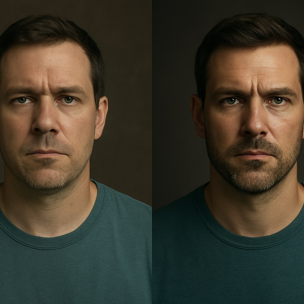 Before and after comparison of a portrait showcasing the effects of digital photo retouching and enhancement
