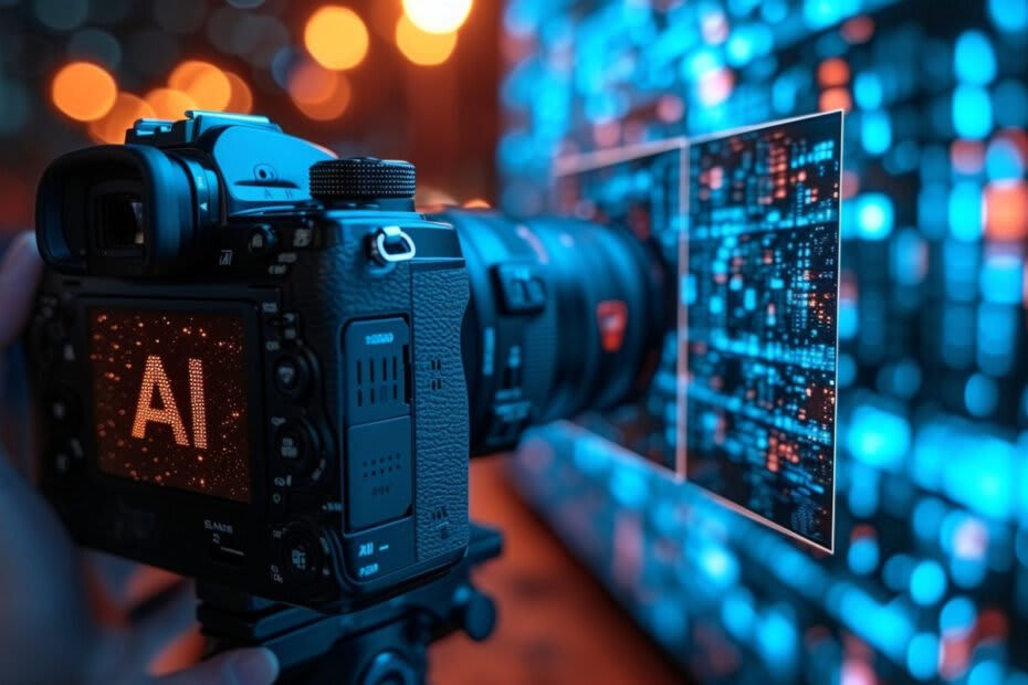 A camera with an "AI" display and a digital interface in front of its lens, symbolizing AI photography. (Credit - Aartisto.com)