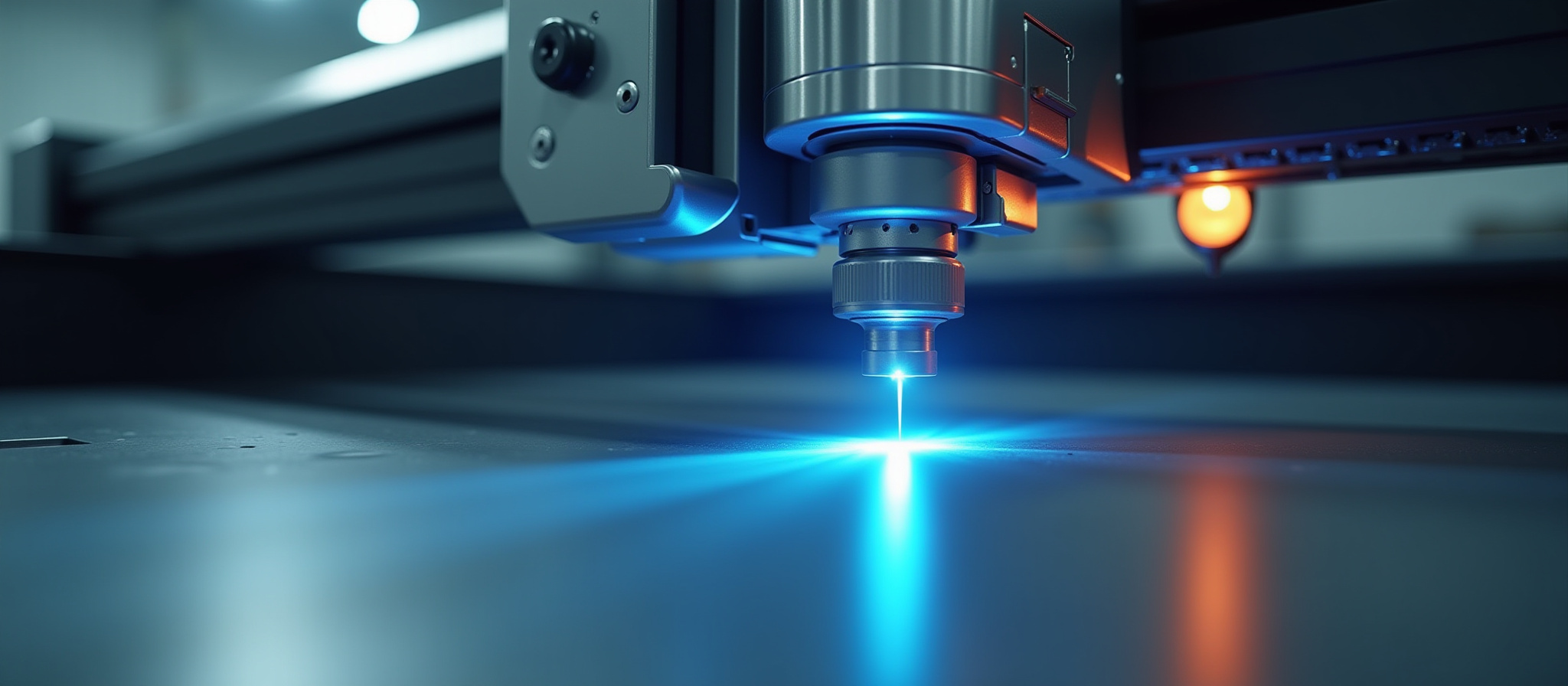 Laser cutting metal with precision, blue light, factory automation, True North Robotics