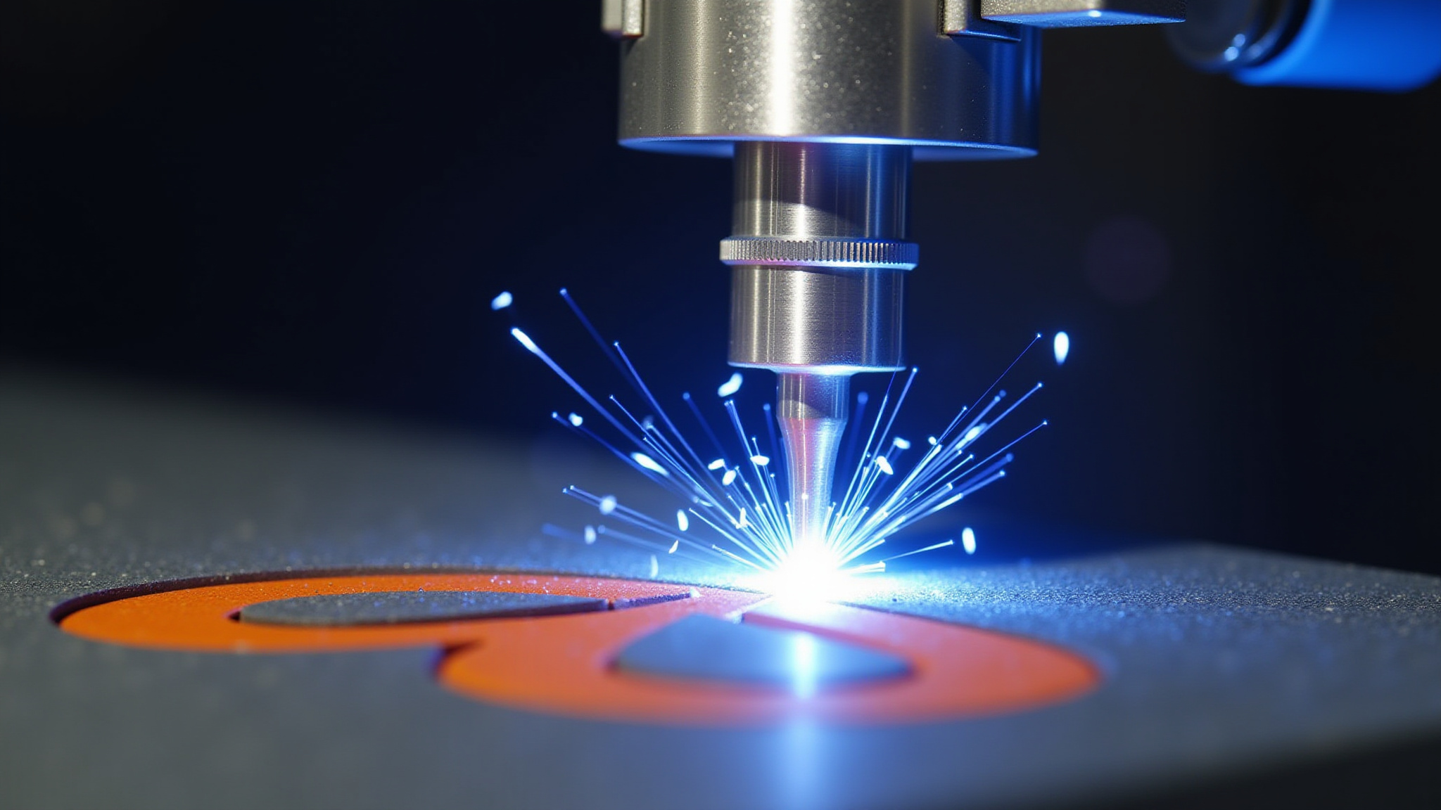 Laser cutting a design, producing bright sparks and precision work, with True North Robotics.