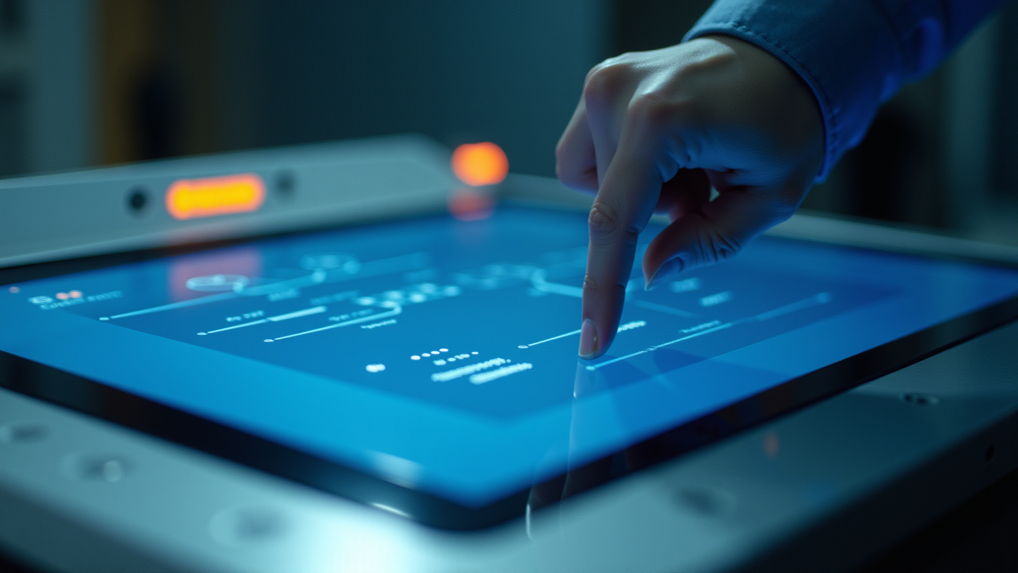 Person's finger touching a glowing screen showing data insights and analytics.