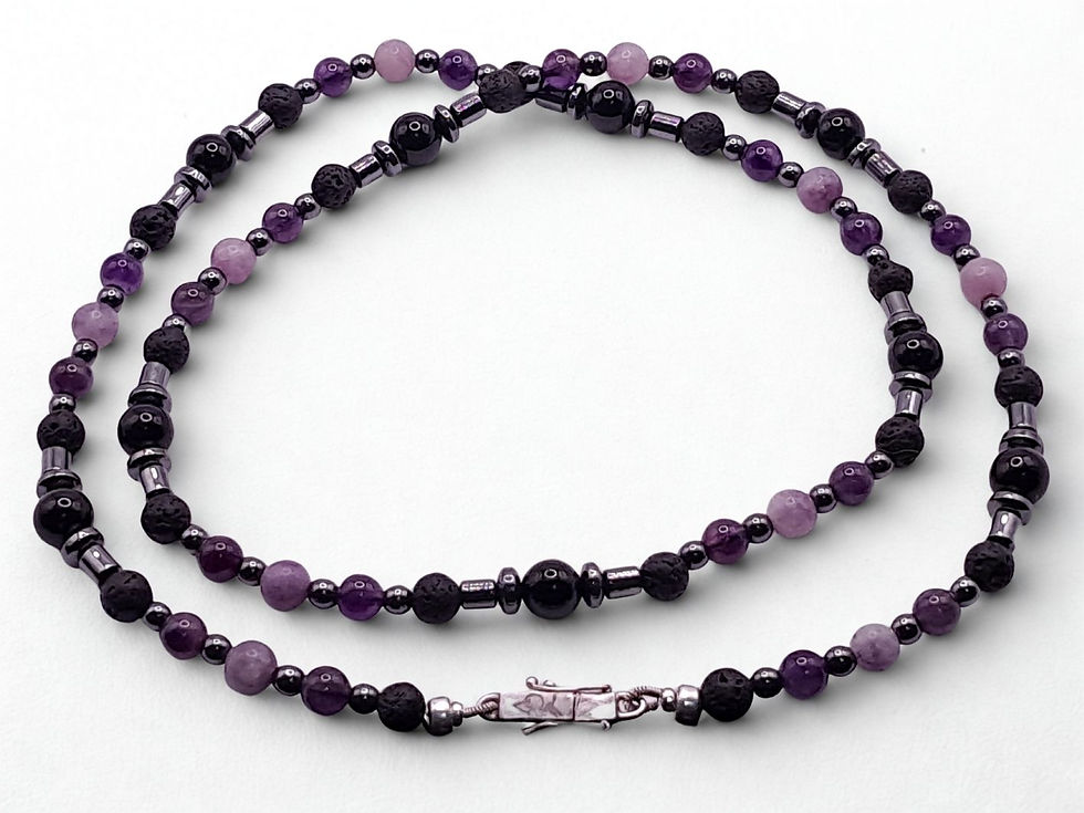 Miniatura: Colar de Ametista, Kunzita, Ônix Negro e Prata (LUX DIVINA)