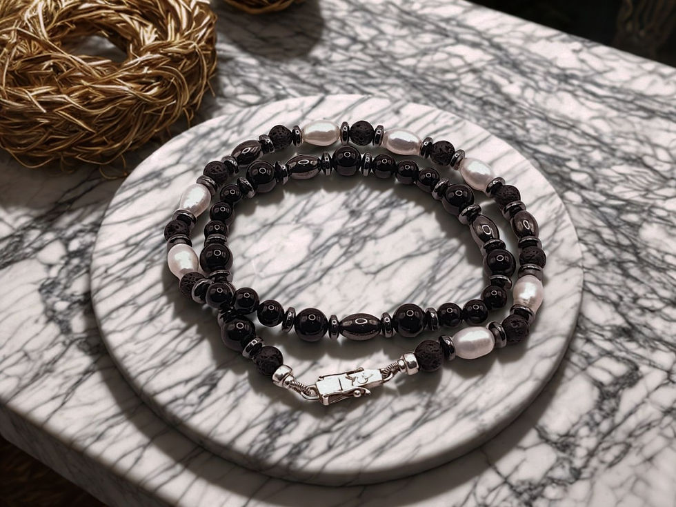 Miniatura: Pulseira de Pérolas Naturais, Ônix Negro e Prata (LUMEN OCEANUS)