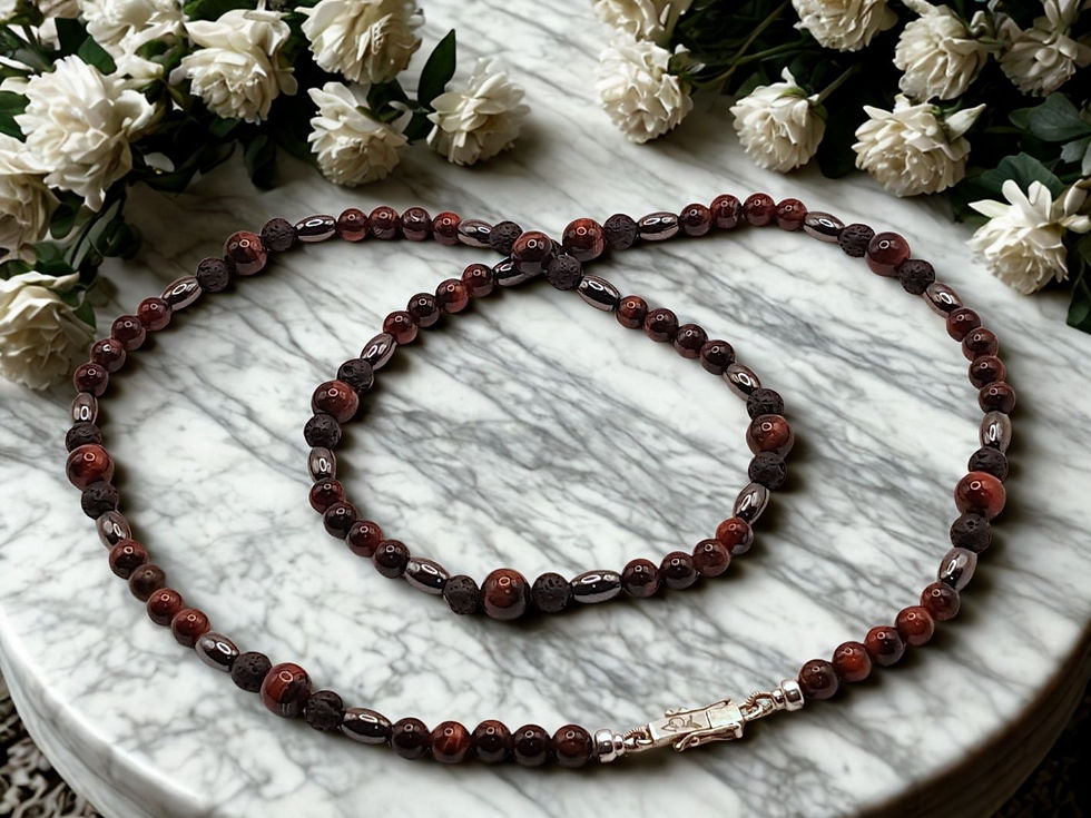 Miniatura: Colar de Olho de Tigre vermelho, Lava Vulcânica e Prata (PRIMAL GUARD)