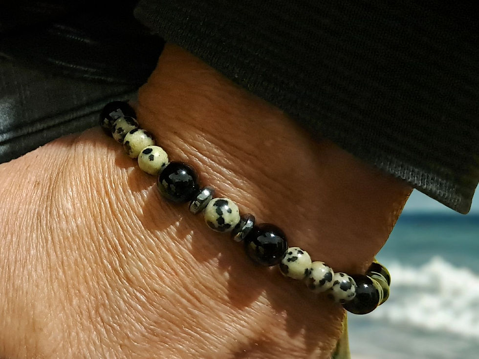 Miniatura: Pulseira de Jaspe Dalmata, Ônix Negro e Prata (JOIE VIVRE)