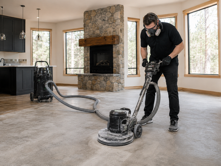 Dust-free adhesive removal equipment grinding a concrete slab inside a Central Oregon home.