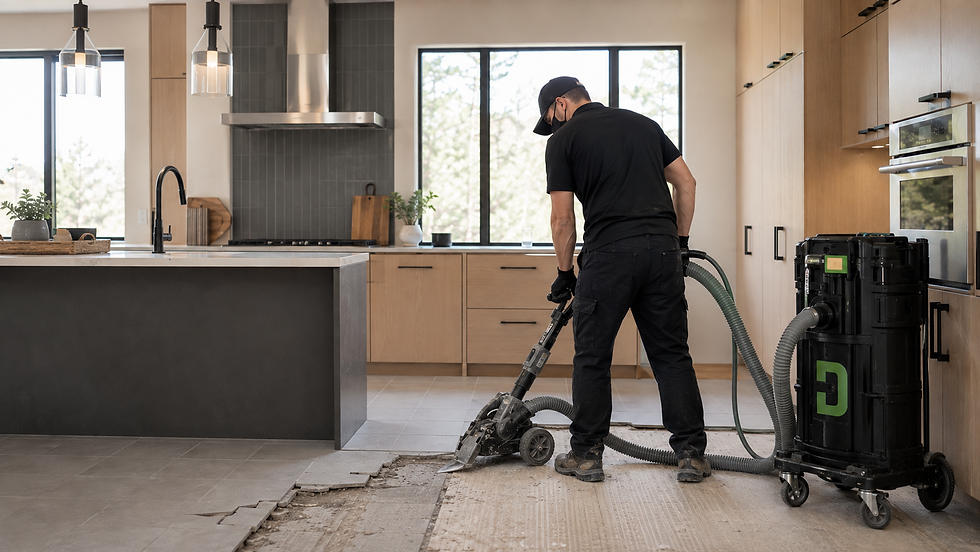 Tile removal in a newer Redmond, Oregon construction home during a kitchen or bathroom update